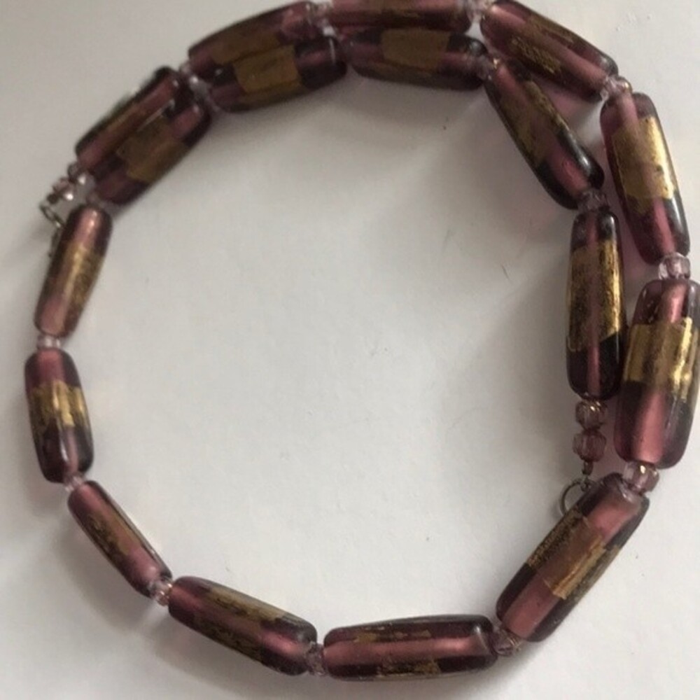 Vintage Purple with Gold Indian Glass Necklace Sterling Silver Clasp 19.5" - Picture 7 of 8